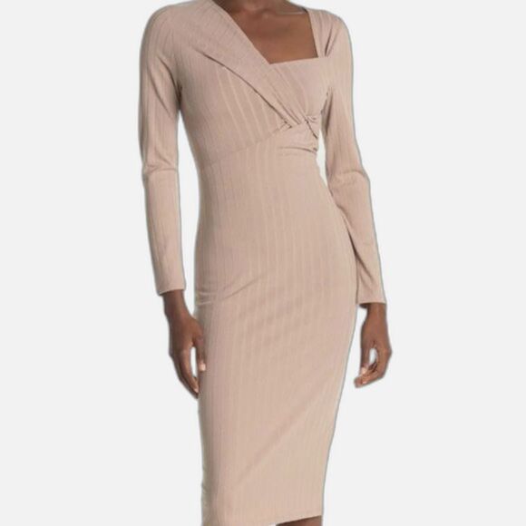 ASTR THE LABEL Ribbed Bodycon Midi Dress Sz M Twist Front Long Sleeve Minimalist - Picture 1 of 7
